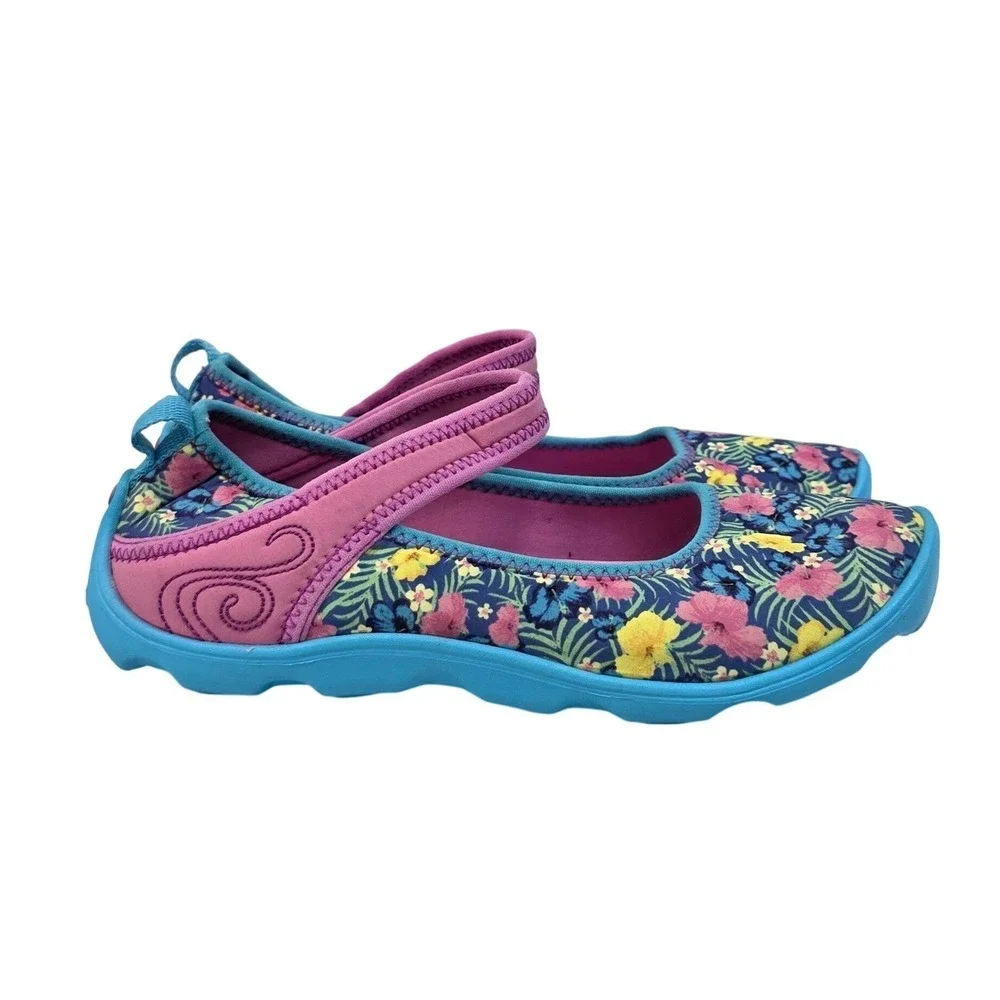 Crocs Mary Jane Flats Girls Floral Print Pink Blue Rubber Shoes Size 13